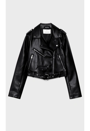 Black|1733/030 - Stradivarius Куртка в байкерском стиле из искусственной кожи с ремнем