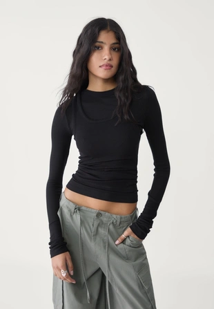 Black|7043/411 - Stradivarius Футболка в рубчик с длинными рукавами
