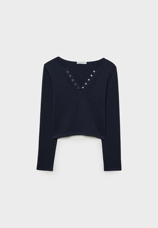 Navy blue|7670/427 - Stradivarius Бесшовная футболка с кнопками