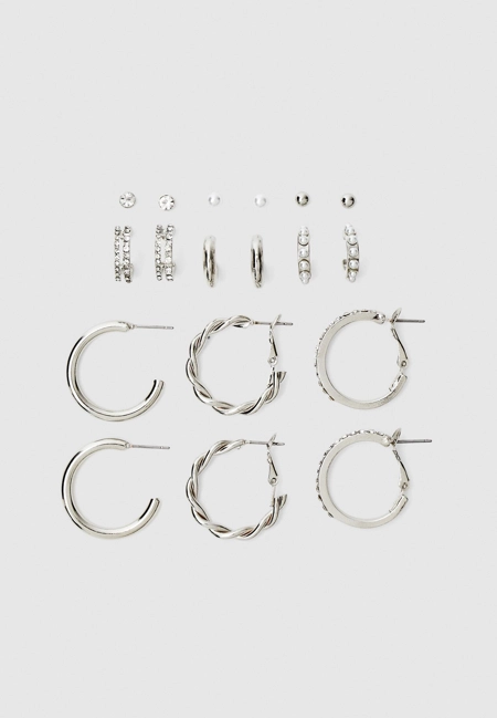 Набор из 9 пар серег-колец со стразами и искусственным жемчугом