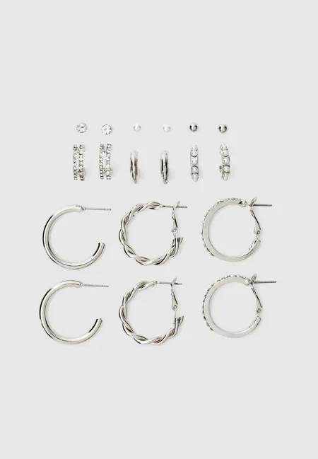 Набор из 9 пар серег-колец со стразами и искусственным жемчугом- Заказать в России