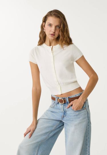 Stradivarius Трикотажный топ с короткими рукавами и пуговицами