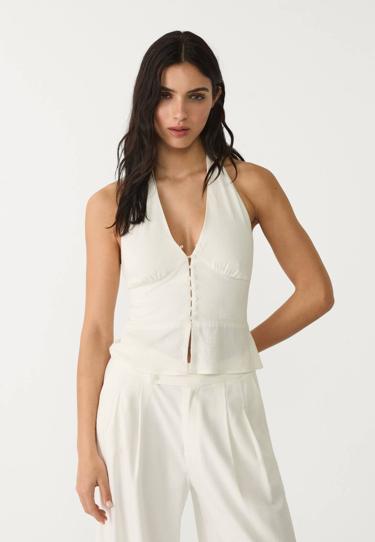 Stradivarius Топ из смесового льна с горловиной халтер и пуговицами