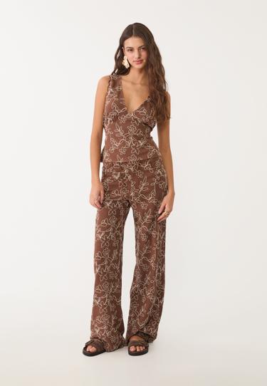 Stradivarius Брюки прямого кроя из смесового льна с вышивкой