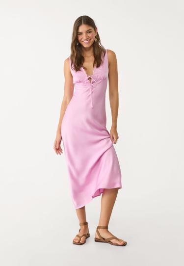 Stradivarius Атласное платье миди с кружевом купить с доставкой.