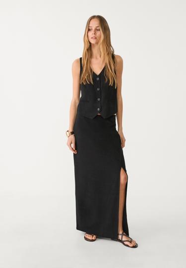 Stradivarius Юбка миди из смесового льна с боковым разрезом купить с доставкой.