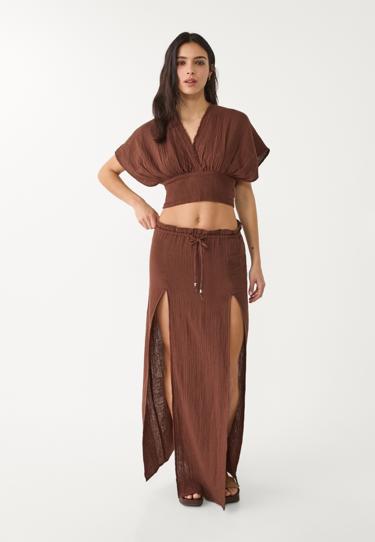 Stradivarius Юбка миди из хлопка с разрезами купить с доставкой.