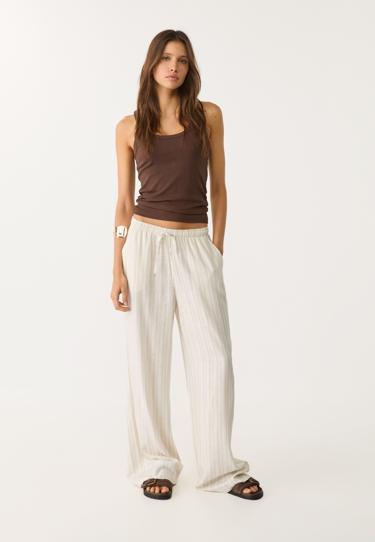 Stradivarius Длинные свободные брюки в полоску с льняной тканью