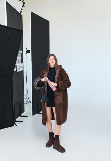 LONG FAUX SHEARLING LINED COAT- Заказать в России