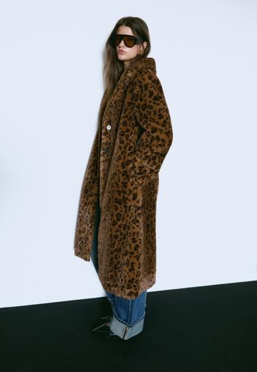 Stradivarius Длинное пальто с леопардовым принтом из искусственного меха