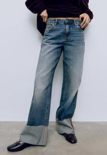 Прямые джинсы D65 с отворотом- Заказать в России