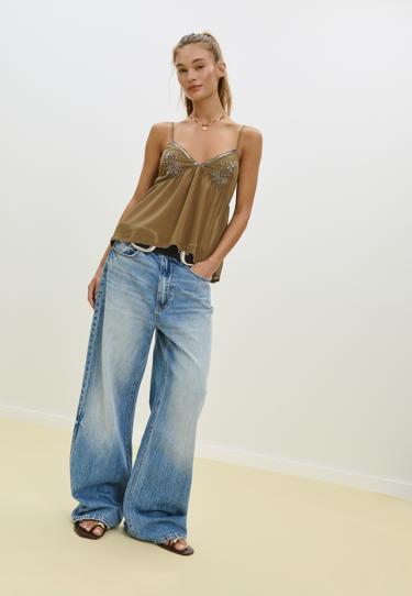 Stradivarius Легкий топ с вышивкой и бисером на бретелях