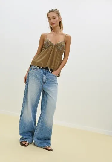 Легкий топ с вышивкой и бисером на бретелях- Заказать в России