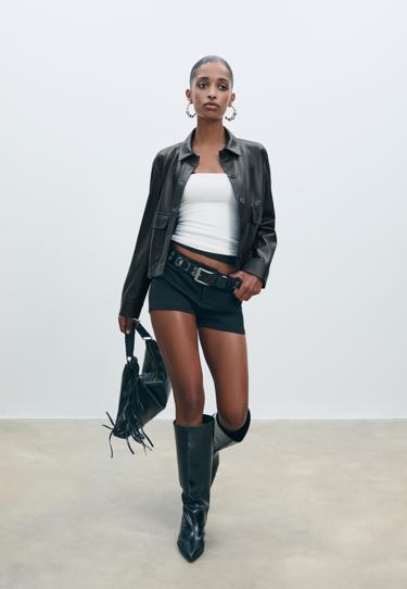 Рубашка с карманами из искусственной кожи- Заказать в России