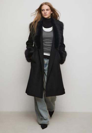 Длинное пальто с деталями из искусственного меха- Заказать в России