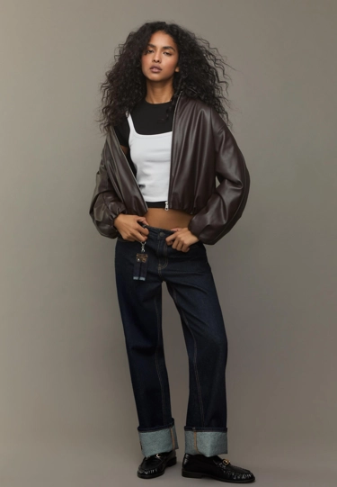 Стеганая куртка-бомбер из искусственной кожи- Заказать в России