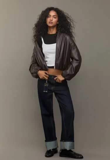 Стеганая куртка-бомбер из искусственной кожи- Заказать в России