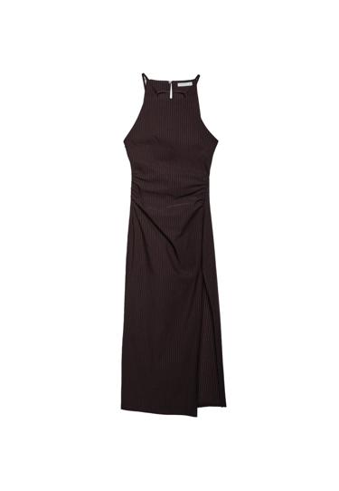 Stradivarius Полосатое платье миди с горловиной халтер