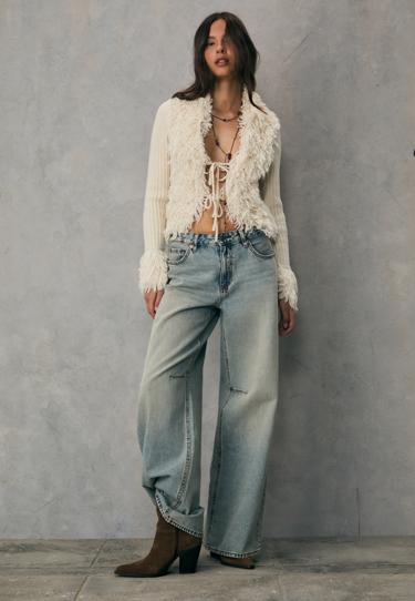 Stradivarius Вязаный жакет с искусственным мехом и завязками