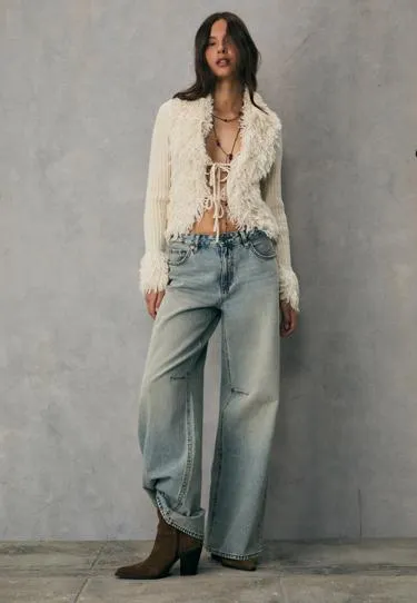 Вязаный жакет с искусственным мехом и завязками