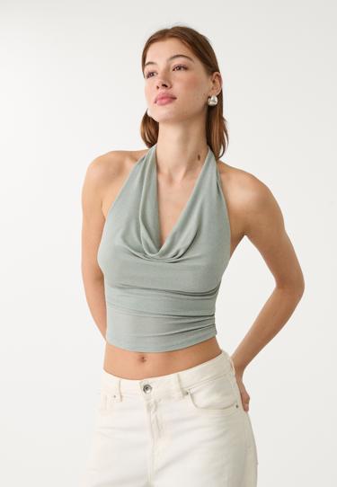 Stradivarius Топ с горловиной халтер и блестящей отделкой