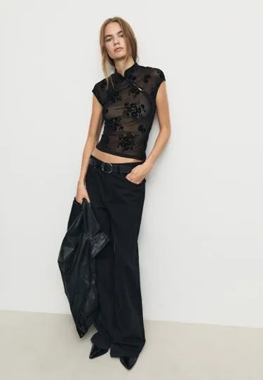 Футболка в стиле ципао с флокированием