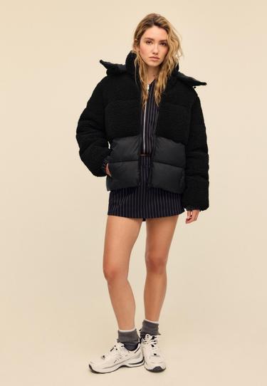 Stradivarius Стеганое комбинированное пальто с отделкой под овчину