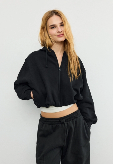 Толстовка-бомбер с принтованным капюшоном- Заказать в России