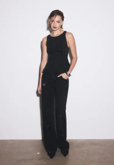 Джинсовый топ с баской и блестящей отделкой- Заказать в России