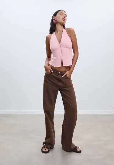 Топ с горловиной халтер, пуговицами и эффектом льна- Заказать в России