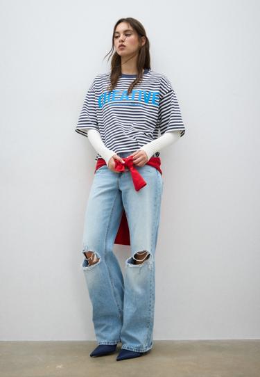 Stradivarius Футболка с короткими рукавами, в полоску, с принтом