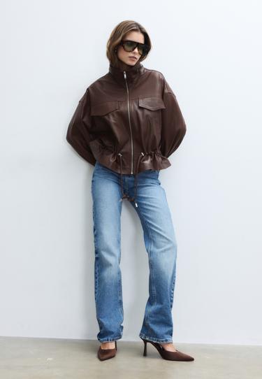 Stradivarius Кожаная куртка с карманами и регулируемой талией