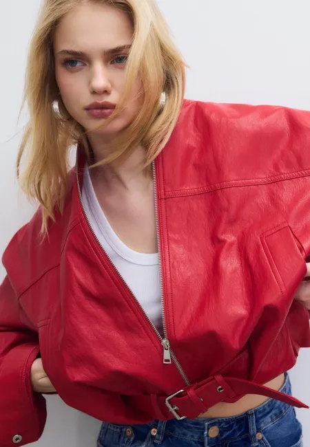 Куртка-баллон с поясом из искусственной кожи- Заказать в России