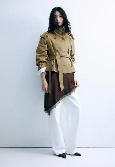 Тренч с высоким воротом и поясом- Заказать в России