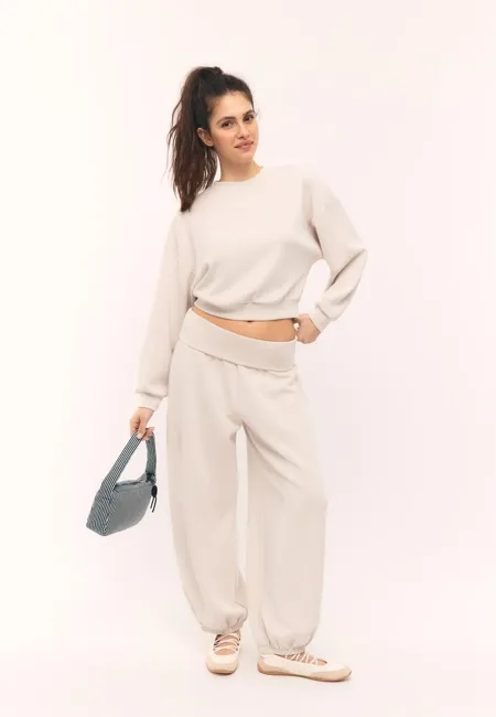 Мягкие брюки-джоггеры «рукава-фонарики» с отворотом на талии- Заказать в России