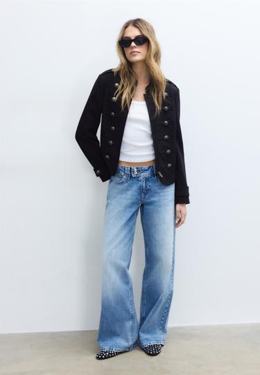 LOWRISE WIDELEG JEANS WITH JEWEL BUTTON