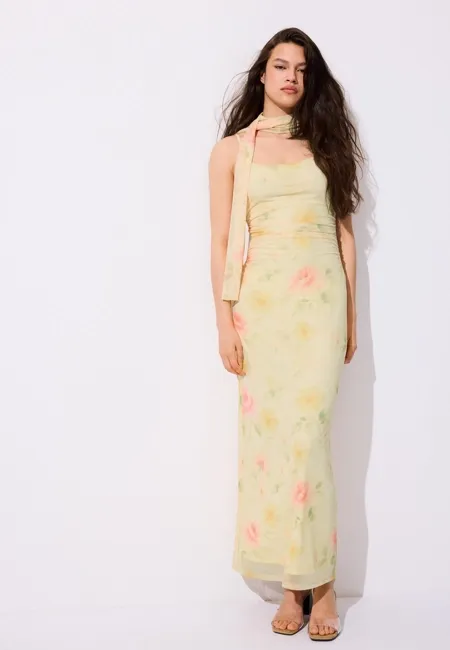 Платье миди с принтом и полупрозрачной тканью- Заказать в России