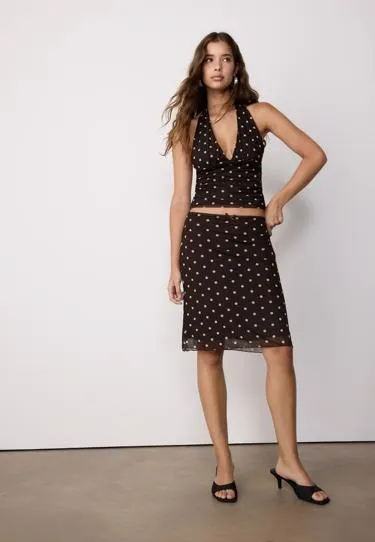 Топ с горловиной халтер, красная сетка с принтом- Заказать в России