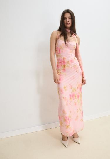 Stradivarius Платье миди с принтом и полупрозрачной тканью