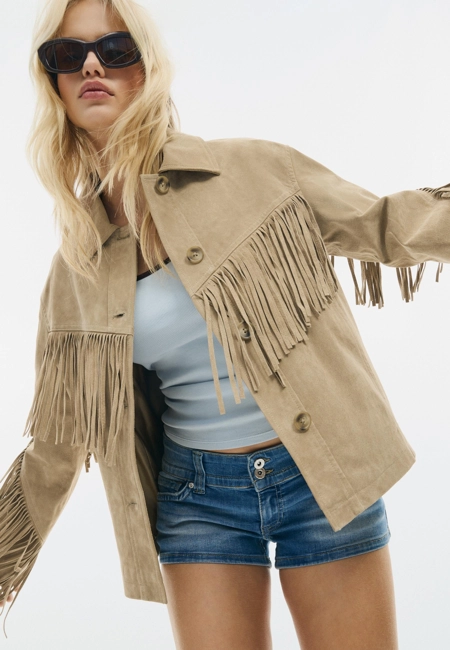 Stradivarius Кожаная куртка с бахромой