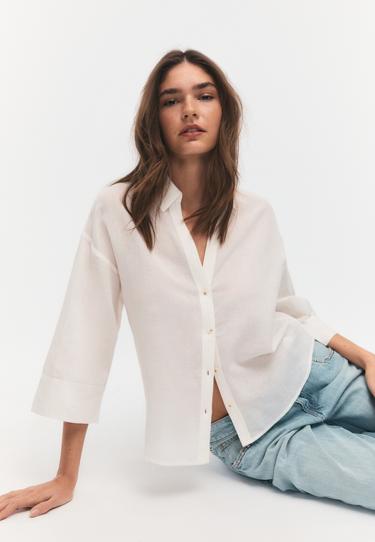 Stradivarius Рубашка с рукавом в стиле кимоно, эффект льна