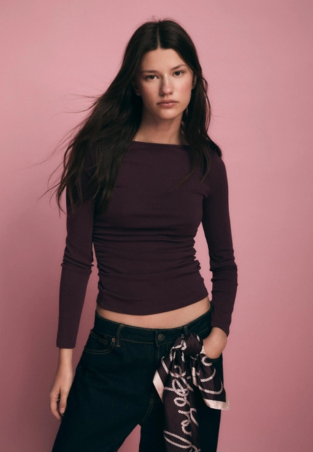 Футболка с длинными рукавами и сборками- Заказать в России