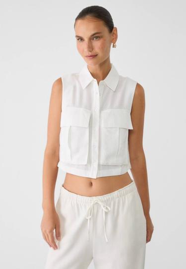 Stradivarius Рубашка из смесового льна без рукавов с карманами