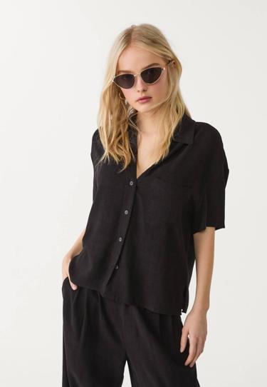 Stradivarius Рубашка из смесового льна с короткими рукавами