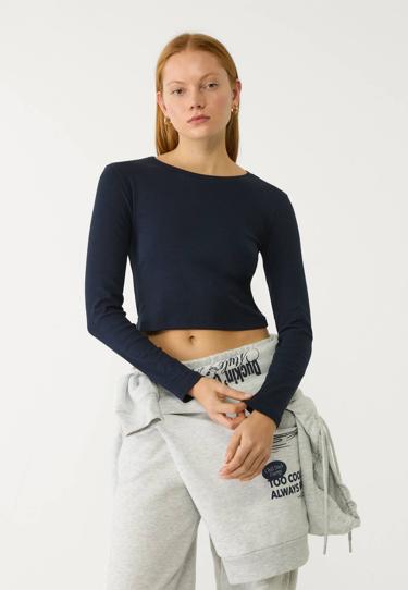 Stradivarius Укороченная футболка из хлопка с длинными рукавами