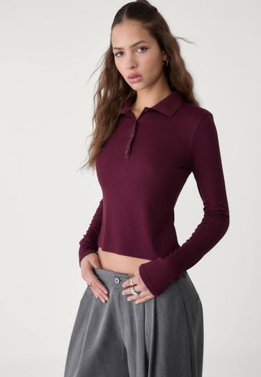 Stradivarius Футболка с воротником-поло и длинными рукавами