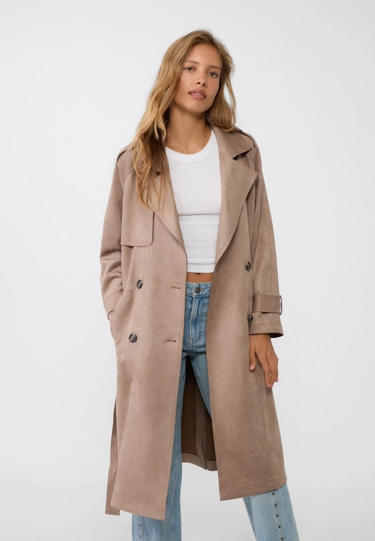 Длинный тренч из искусственной замши