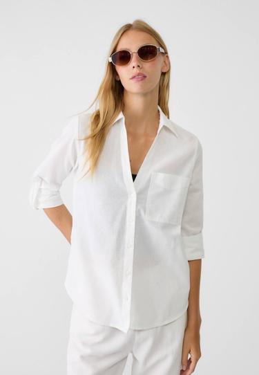 Stradivarius Свободная рубашка с карманом из льняной ткани