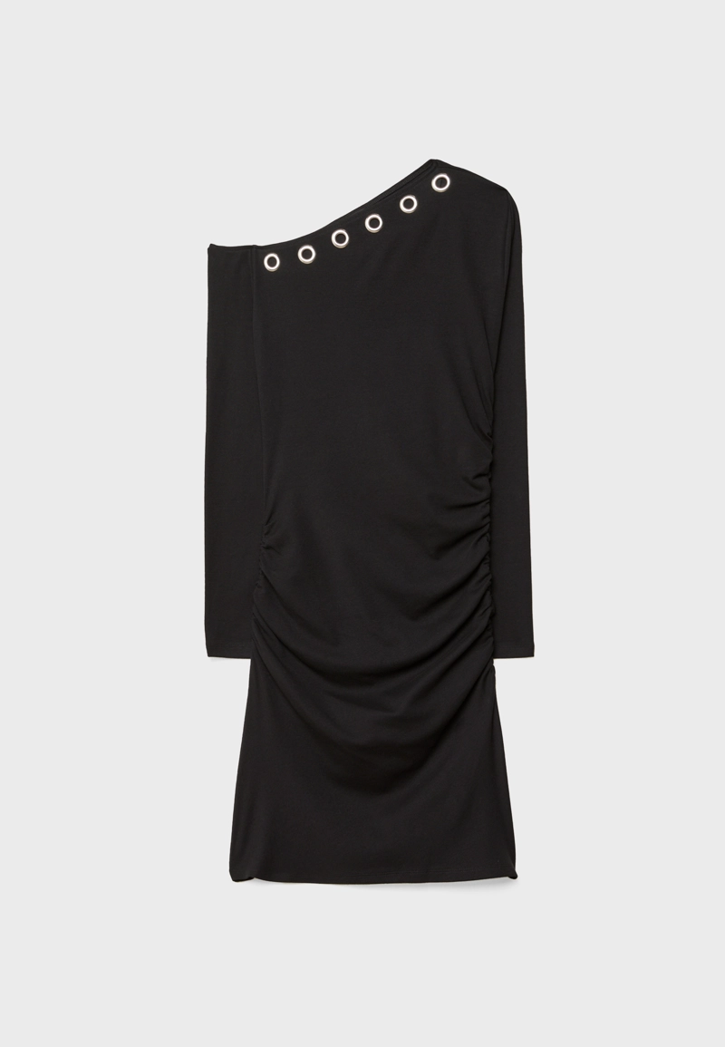 Короткое асимметричное платье с люверсами