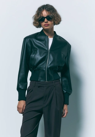 Куртка-бомбер из искусственной кожи с подплечниками- Заказать в России